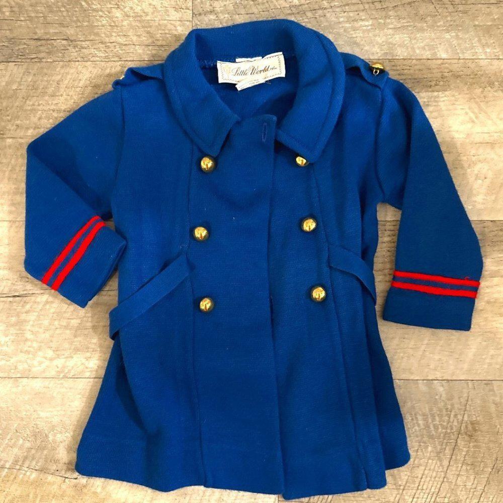 VINTAGE Baby Unisex Peacoat Royal Blue with red trim and gold buttons 12 mos